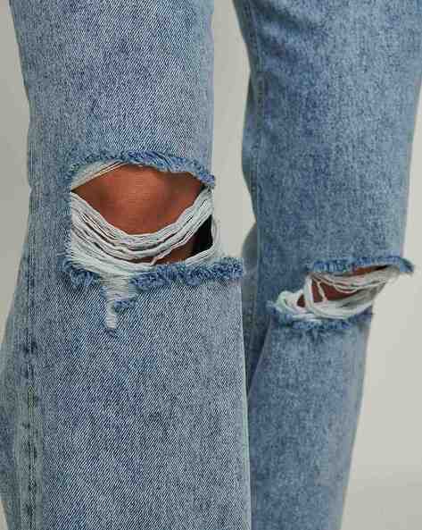 Acid-Wash Distressed Wide-Leg Jeans