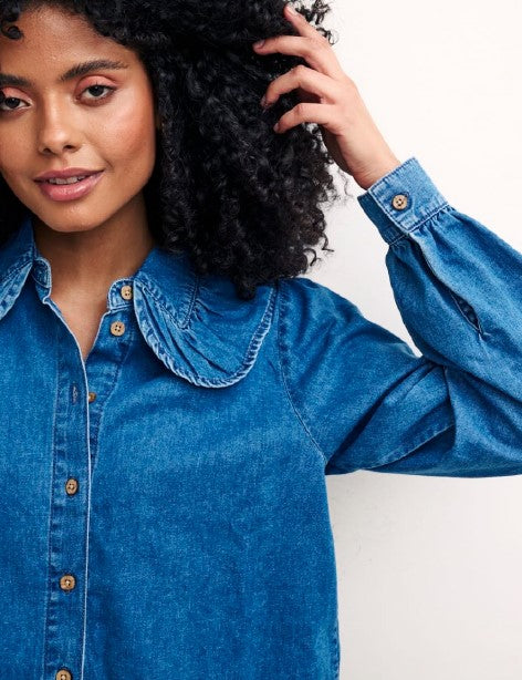 Denim Collared Blouson Sleeve Blouse