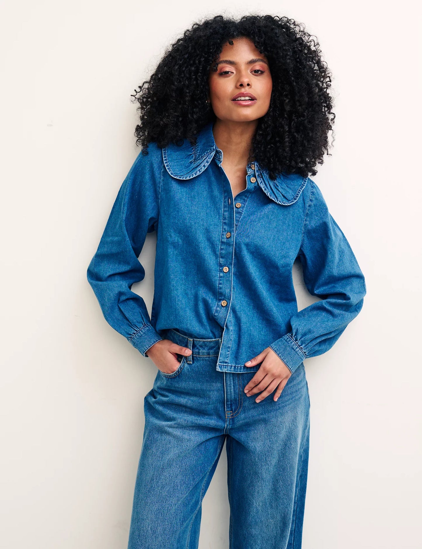 Denim Collared Blouson Sleeve Blouse