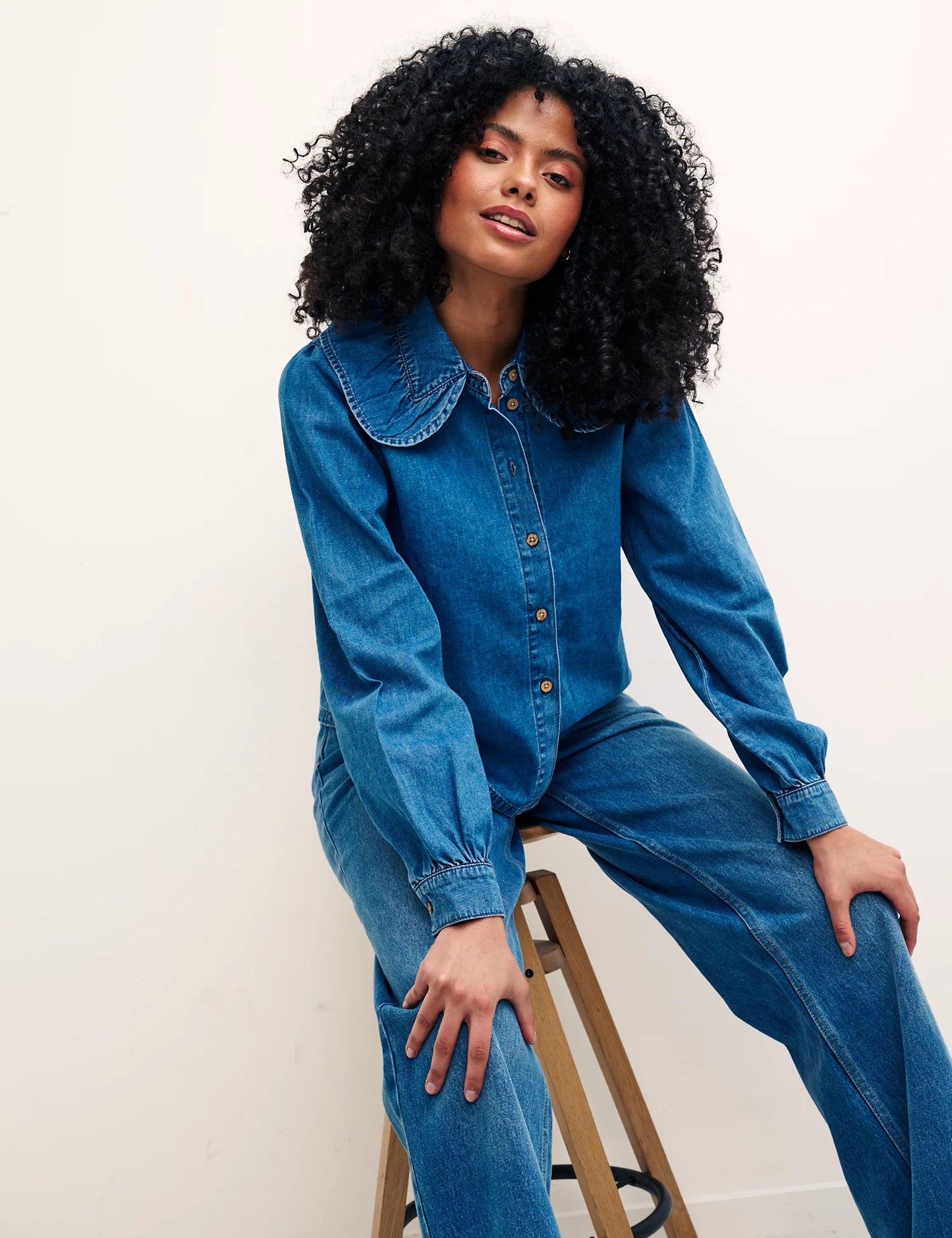 Denim Collared Blouson Sleeve Blouse