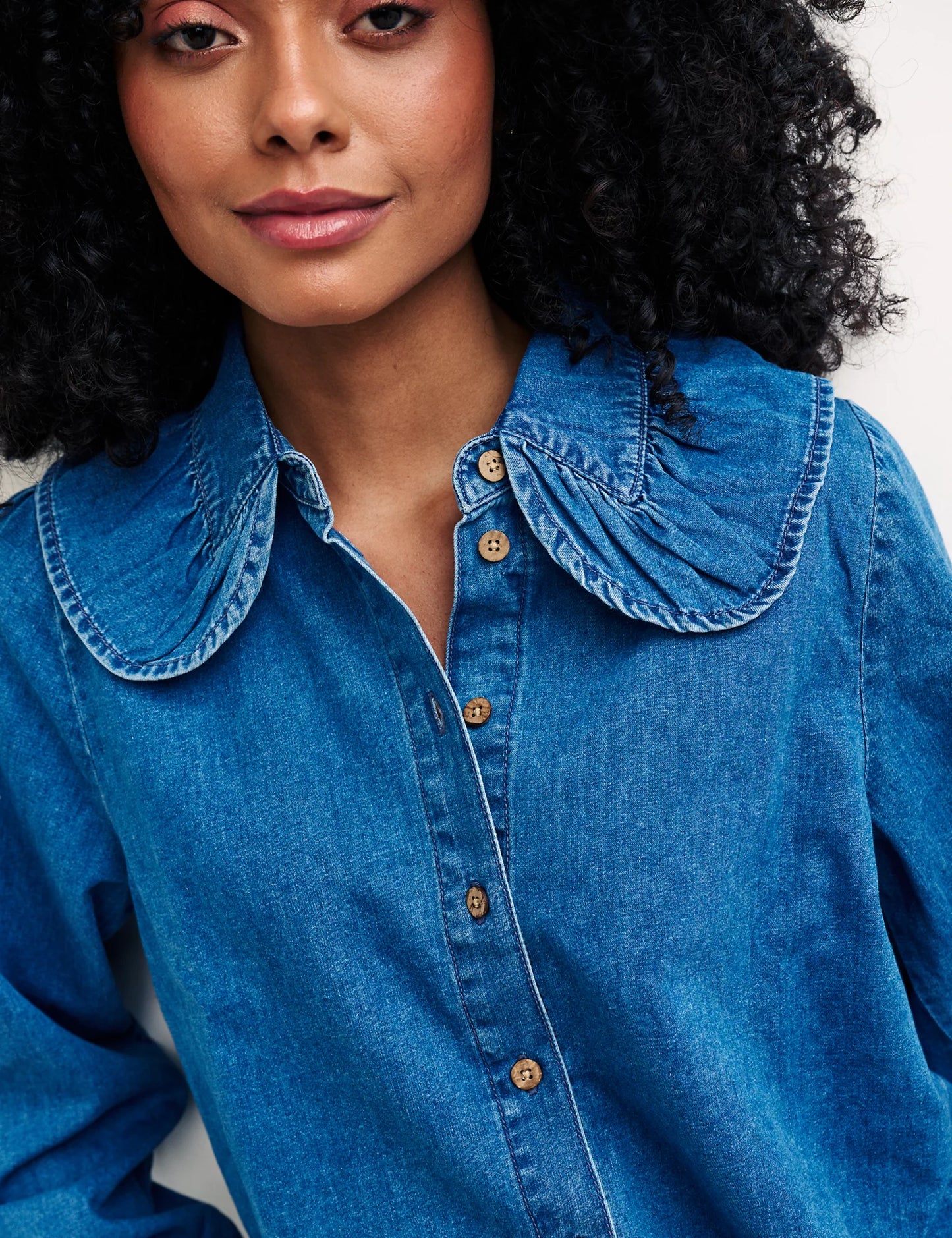 Denim Collared Blouson Sleeve Blouse
