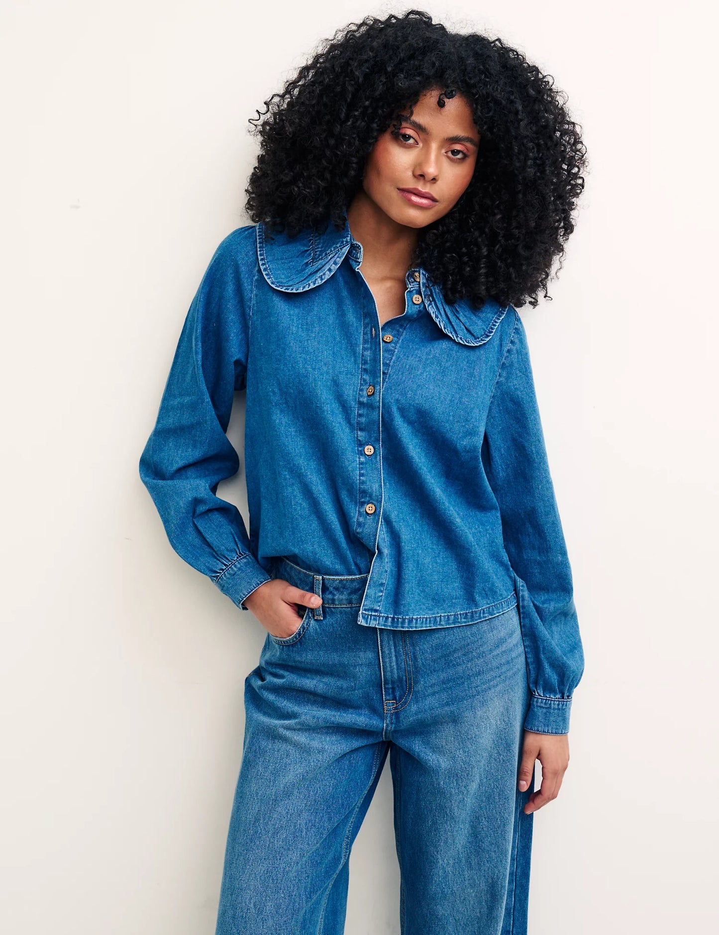 Denim Collared Blouson Sleeve Blouse