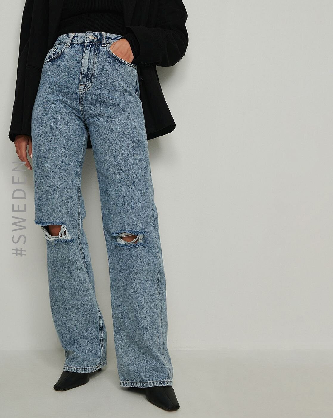 Acid-Wash Distressed Wide-Leg Jeans